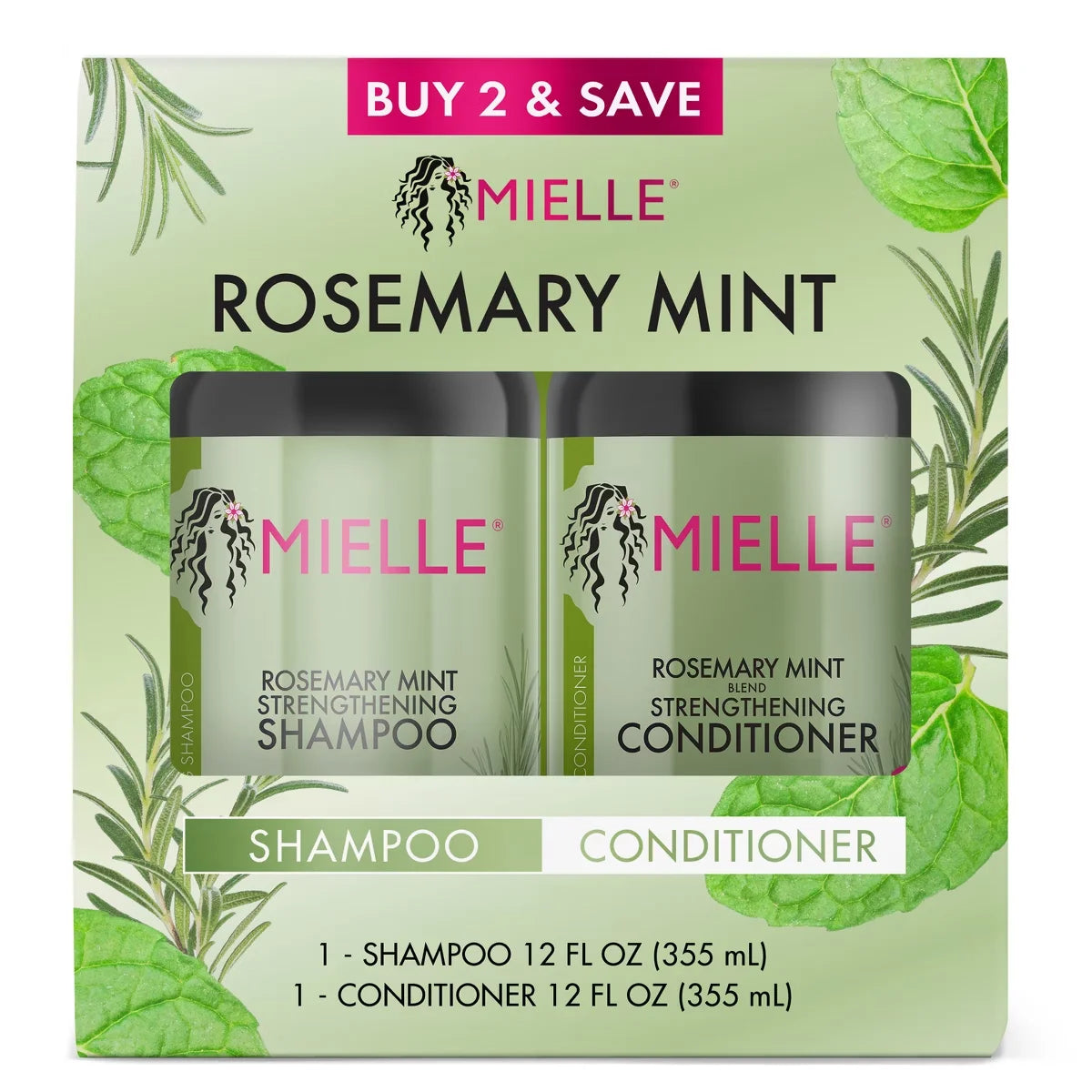 Mielle Organics Shampoo + Conditioner Combo Pack - Rosemary Mint - 24 fl oz: Moisturizing, Textured Hair, Liquid Form