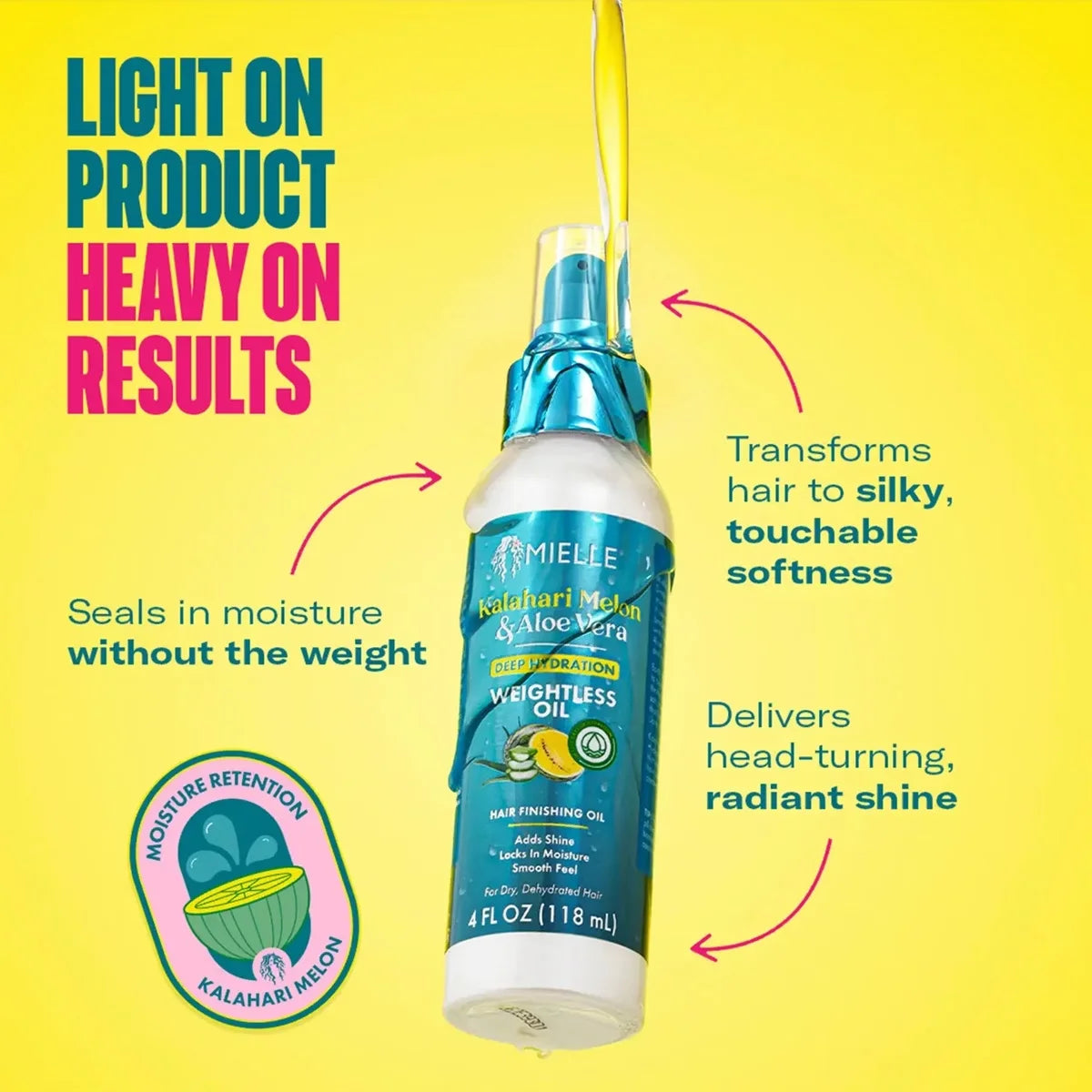 Mielle Organics Kalahari Melon & Aloe Vera Deep Hydration Weightless Oil - 4 fl oz: Curl Enhancing, For Textured Hair, Daily Use